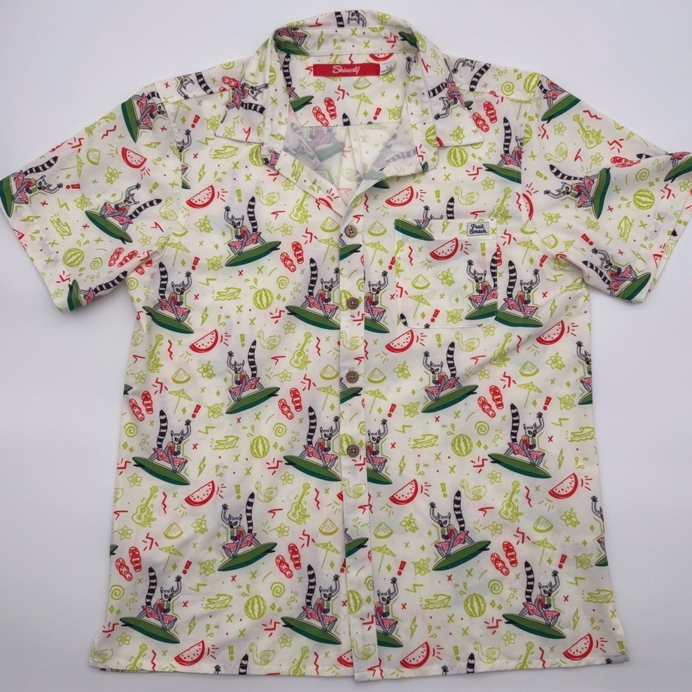 Shinesty Fruit Smash Mens Large Surfing Lemur Watermelon Button Up Shirt White L